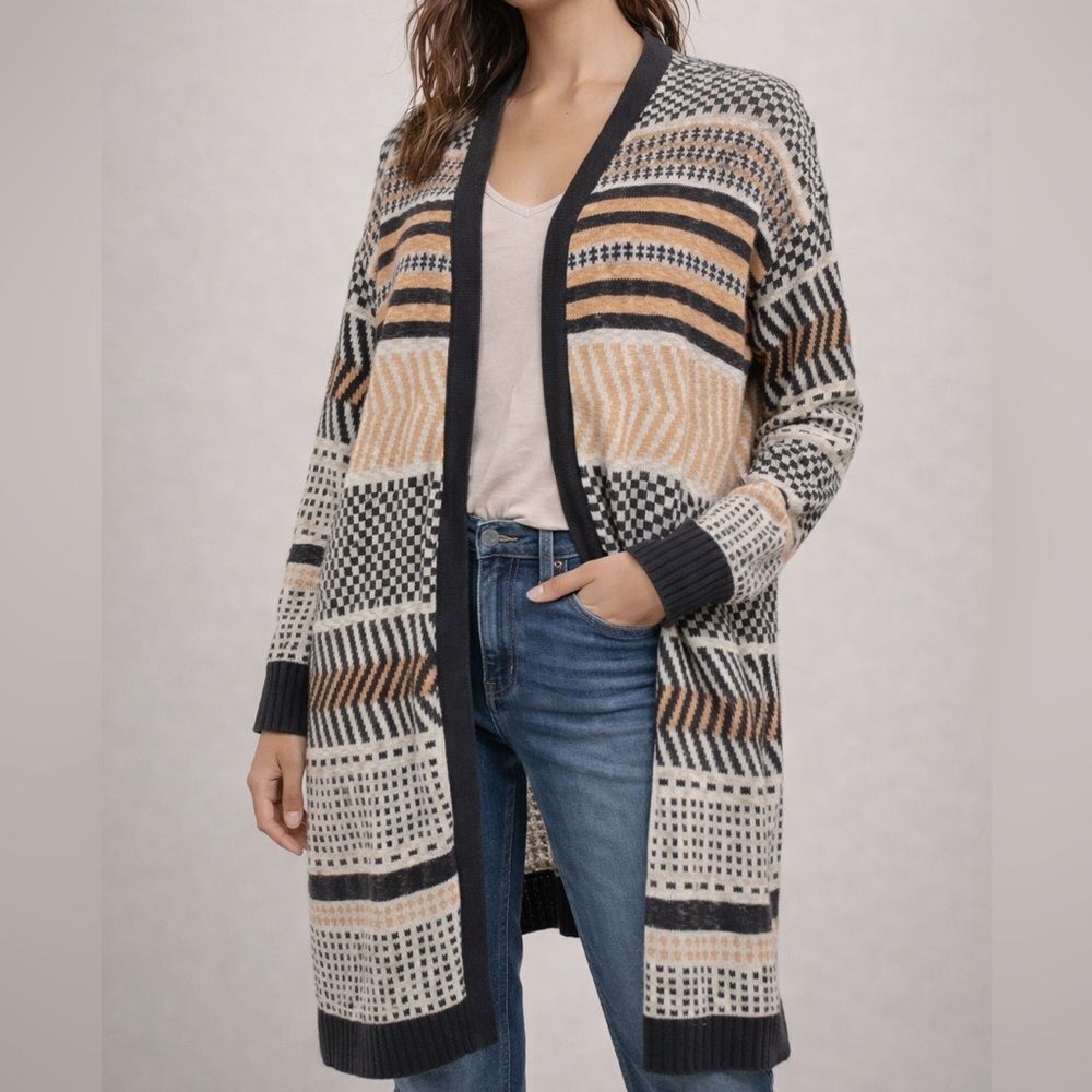 MARLED by REUNITED Color Blocked Striped Print Tan, Gray Boho Aztec Cardigan